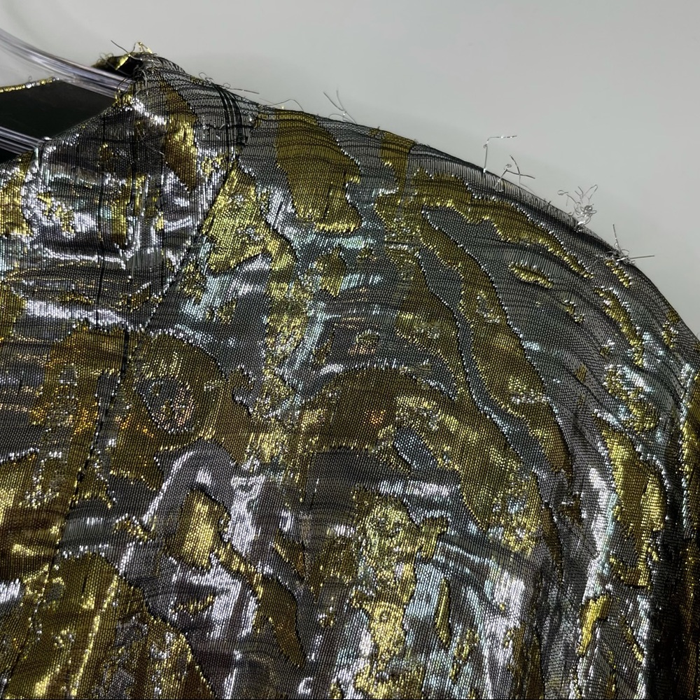 DRIES VAN NOTEN Ruffle Trimmed Metallic Silk Blend Brocade Dress NEW Silver Gold - Picture 8 of 15